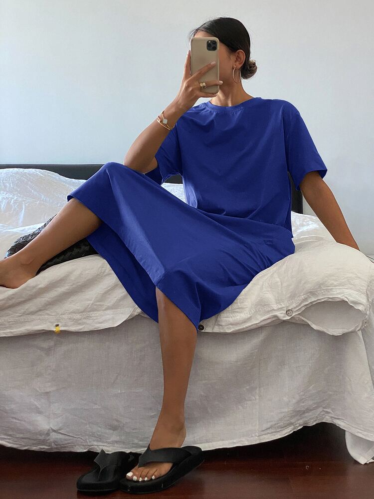 DAZY Women's Casual Round Neck Short Sleeve Simple Dress, Daily Wear Sundress - Blue - View 3
