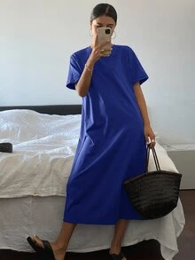 DAZY 女士休闲圆领短袖简约连衣裙，日常穿着太阳裙 - 藍色 - 查看 7
