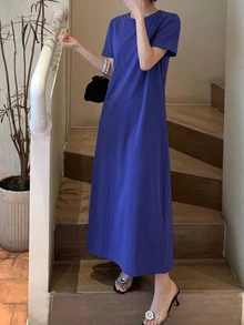 DAZY 女士休闲圆领短袖简约连衣裙，日常穿着太阳裙 - 藍色 - 查看 6