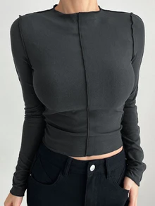 DAZY Long-sleeved Solid Color Warm T-shirt With Half High Collar - Dark Grey - View 3