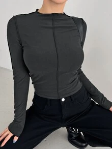 DAZY Long-sleeved Solid Color Warm T-shirt With Half High Collar - Dark Grey - View 2