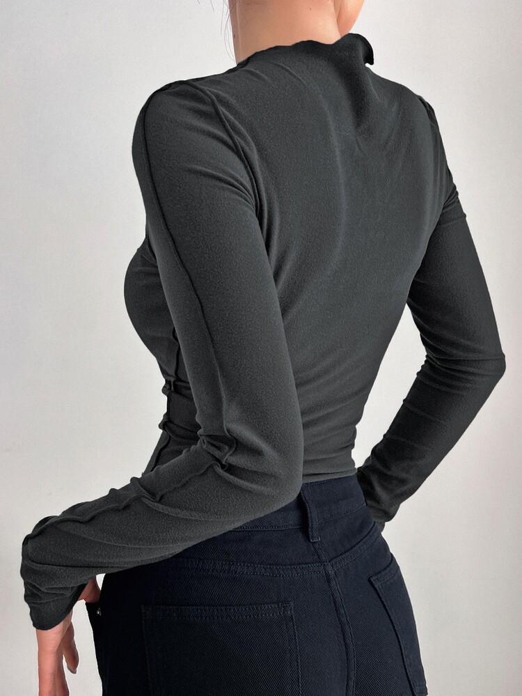 DAZY Long-Sleeved Solid Color Warm T-Shirt With Half High Collar Long Sleeve Women Tops - Dark Grey - View 4