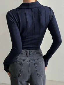 DAZY Autumn New Arrival Women's Collared Fitted Textured T-Shirt Long Sleeve Women Tops - Navy Blue - View 7