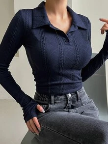 DAZY Autumn New Arrival Women's Collared Fitted Textured T-Shirt Long Sleeve Women Tops - Navy Blue - View 1