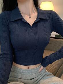 DAZY Autumn New Arrival Women's Collared Fitted Textured T-Shirt Long Sleeve Women Tops - Navy Blue - View 9