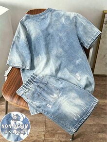 SHEIN 青少年男孩圓領漸層色足球圖案短袖T恤與短褲套裝 - 彩色 - 查看 2