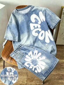 SHEIN 青少年男孩圓領漸層色足球圖案短袖T恤與短褲套裝 - 彩色 - 查看 3