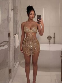 EgrlEra Women's Party Fishnet Sheer Dress, Sexy Backless Mini Dress, Fishnet Rhinestone Embellished Sparkling, Perfect For Music Festival Carnival Party Outfits, Women's Party Dress, Women's Clubwear - Champagne - View 3