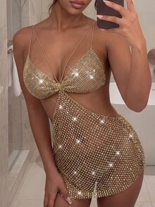 EgrlEra Women's Party Fishnet Sheer Dress, Sexy Backless Mini Dress, Fishnet Rhinestone Embellished Sparkling, Perfect For Music Festival Carnival Party Outfits, Women's Party Dress, Women's Clubwear - Champagne - View 4