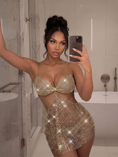 EgrlEra Women's Party Fishnet Sheer Dress, Sexy Backless Mini Dress, Fishnet Rhinestone Embellished Sparkling, Perfect For Music Festival Carnival Party Outfits, Women's Party Dress, Women's Clubwear