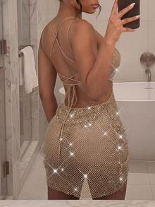EgrlEra Women's Party Fishnet Sheer Dress, Sexy Backless Mini Dress, Fishnet Rhinestone Embellished Sparkling, Perfect For Music Festival Carnival Party Outfits, Women's Party Dress, Women's Clubwear - Champagne - View 2