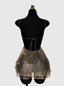 EgrlEra Women's Party Fishnet Sheer Dress, Sexy Backless Mini Dress, Fishnet Rhinestone Embellished Sparkling, Perfect For Music Festival Carnival Party Outfits, Women's Party Dress, Women's Clubwear - Champagne - View 5
