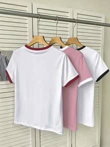 Resyla Women's Color Block Striped Print Embroidered Round Neck Short Sleeve T-Shirt - Multicolor - View 2