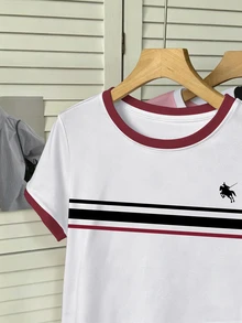 Resyla Women's Color Block Striped Print Embroidered Round Neck Short Sleeve T-Shirt - Multicolor - View 7