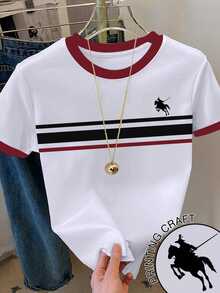 Resyla Women's Color Block Striped Print Embroidered Round Neck Short Sleeve T-Shirt - Multicolor - View 3