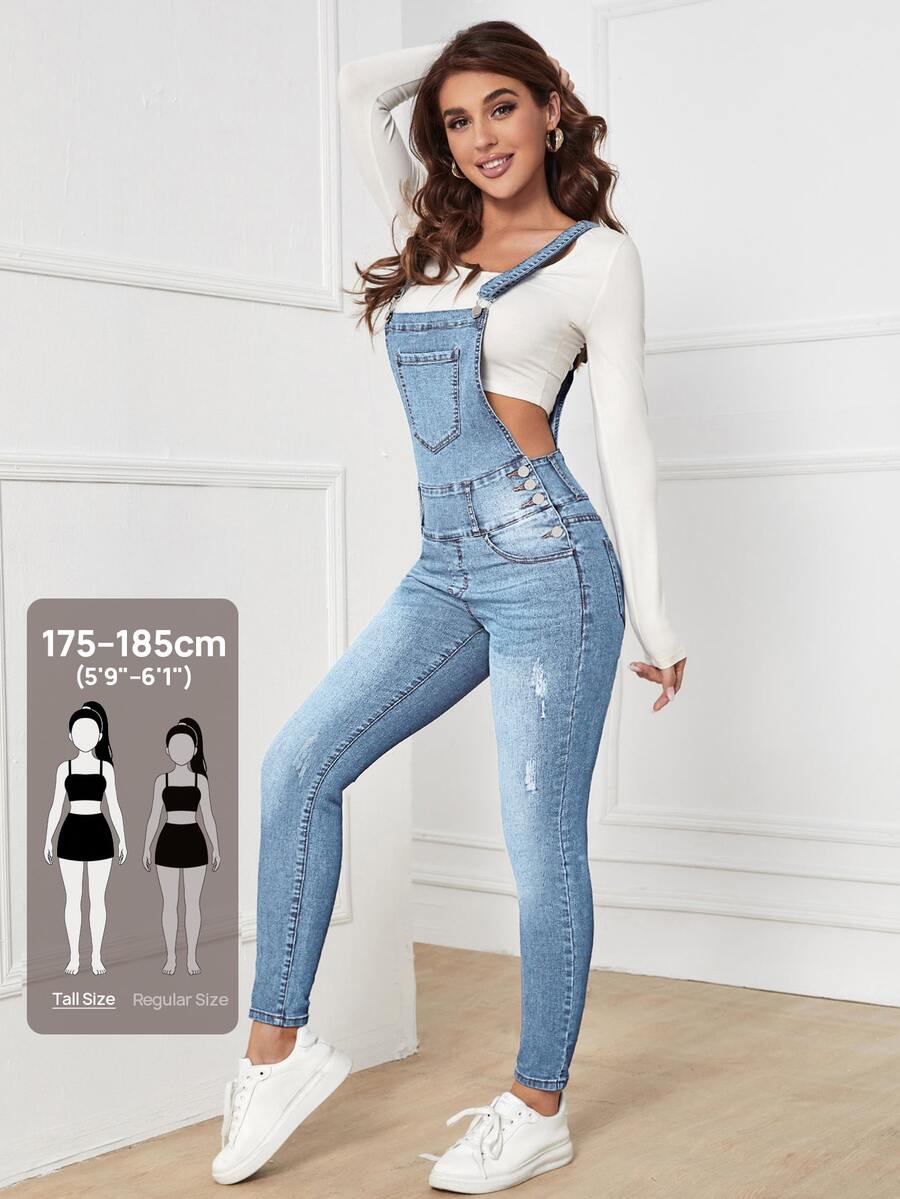 SHEIN Tall Women's Distressed Pocket Fitted Casual Denim Overalls