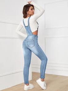 SHEIN Tall Women's Distressed Pocket Fitted Casual Denim Overalls - Light Wash - View 3