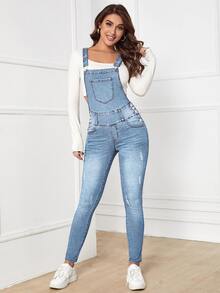 SHEIN Tall Women's Distressed Pocket Fitted Casual Denim Overalls - Light Wash - View 4