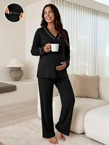 Slowluna Maternity Long Sleeve Top And Pants 2 Pieces Loungewear Set Fall - Black - View 10