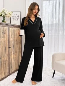 Slowluna Maternity Long Sleeve Top And Pants 2 Pieces Loungewear Set Fall - Black - View 6