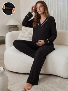Slowluna Maternity Long Sleeve Top And Pants 2 Pieces Loungewear Set Fall - Black - View 5