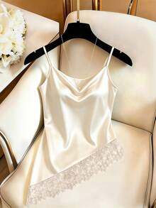 SHEIN Women's Elegant Contrast Lace Casual Satin Camisole Top - Apricot - View 4