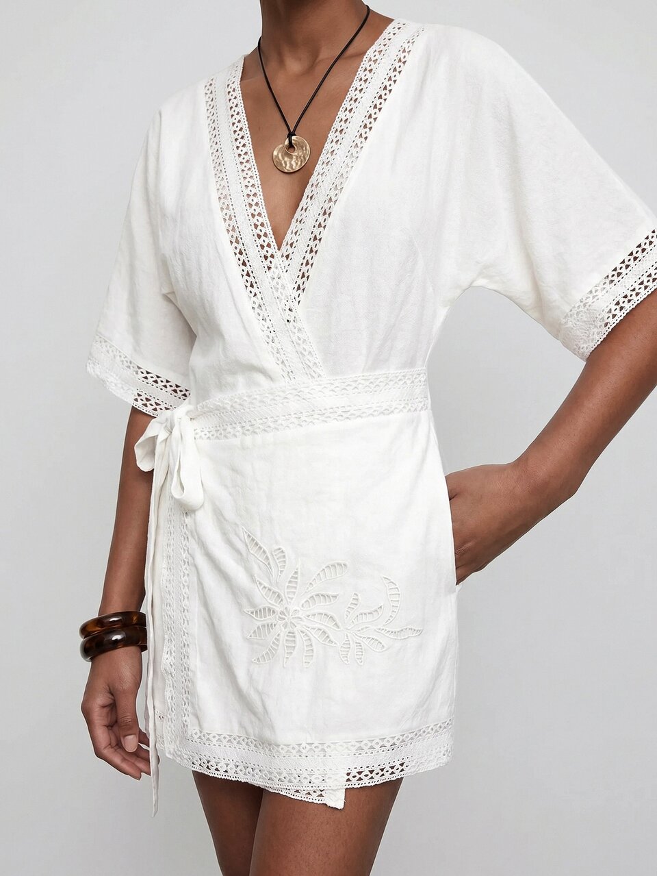 SHEIN Maija White Summer Fall Women's Mini Dress V-Neck Side Tie Wrap Style, Short Sleeve, Casual Boho Comfortable Vacation Beach