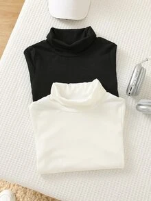 SHEIN Kids Young Boy Solid Color High Neck Long Sleeve Casual Loose Fit T-Shirt Pcs - Multicolor - View 3
