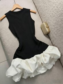 GlowEve 女士撞色泡泡袖针织连衣裙，收腰设计，优雅鸡尾酒会礼服，适合婚礼等场合 - 黑與白 - 查看 2