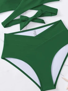 Swim Vcay 素色比基尼套裝十字交叉後綁帶文胸和交疊高腰下裝2入組泳衣 - 墨綠色 - 查看 5