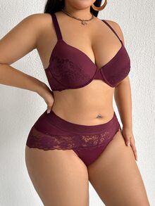 Bare Chapter 2pcs Lace Patchwork Women's Purple-Red Plus Size Underwire Bra + Panty Set - Purple - View 5