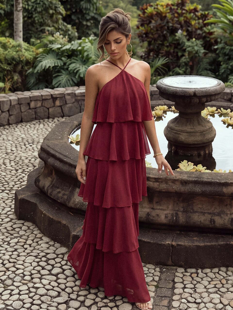 Women's Summer New Burgundy Elegant Romantic Halter Neck Multi-Layer Ruffle Chiffon Maxi Dress For Vacation, Banquet, Party