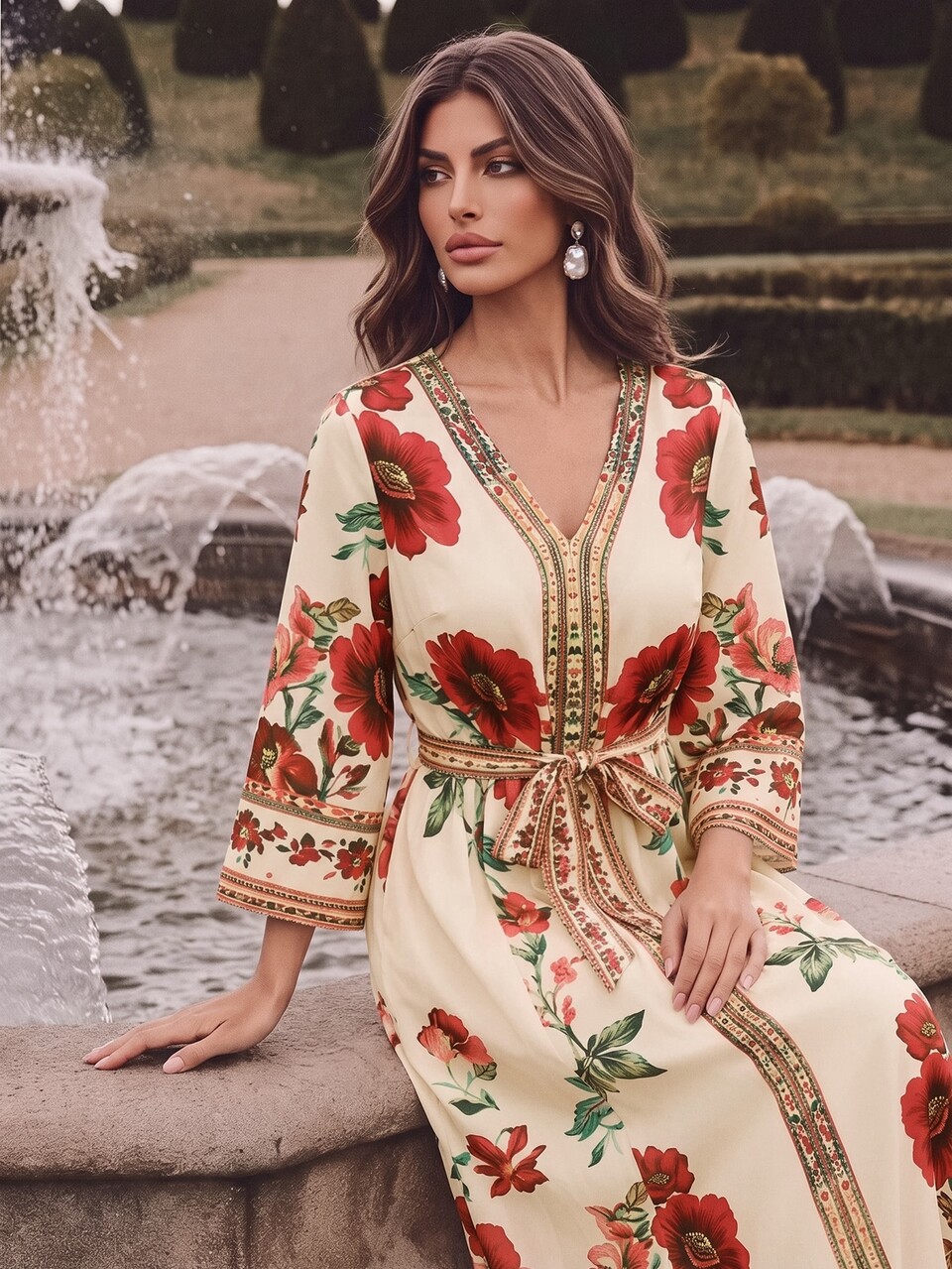 Anewsta Women's Floral Print 3/4 Sleeve Waist Tie Elegant Long Dress