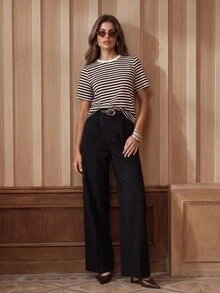 Anewsta New Black & White Contrast Striped Round Neck Pullover Commuter Versatile Youthful Short Sleeve T-Shirt Top - Black and White - View 3