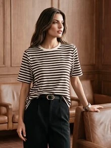 Anewsta New Black & White Contrast Striped Round Neck Pullover Commuter Versatile Youthful Short Sleeve T-Shirt Top - Black and White - View 5