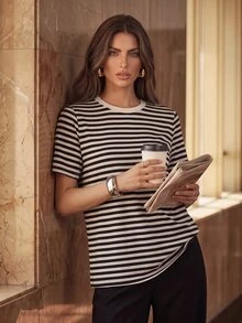 Anewsta New Black & White Contrast Striped Round Neck Pullover Commuter Versatile Youthful Short Sleeve T-Shirt Top - Black and White - View 4