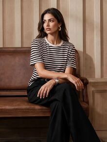 Anewsta New Black & White Contrast Striped Round Neck Pullover Commuter Versatile Youthful Short Sleeve T-Shirt Top - Black and White - View 7