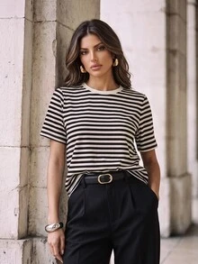 Anewsta New Black & White Contrast Striped Round Neck Pullover Commuter Versatile Youthful Short Sleeve T-Shirt Top - Black and White - View 6