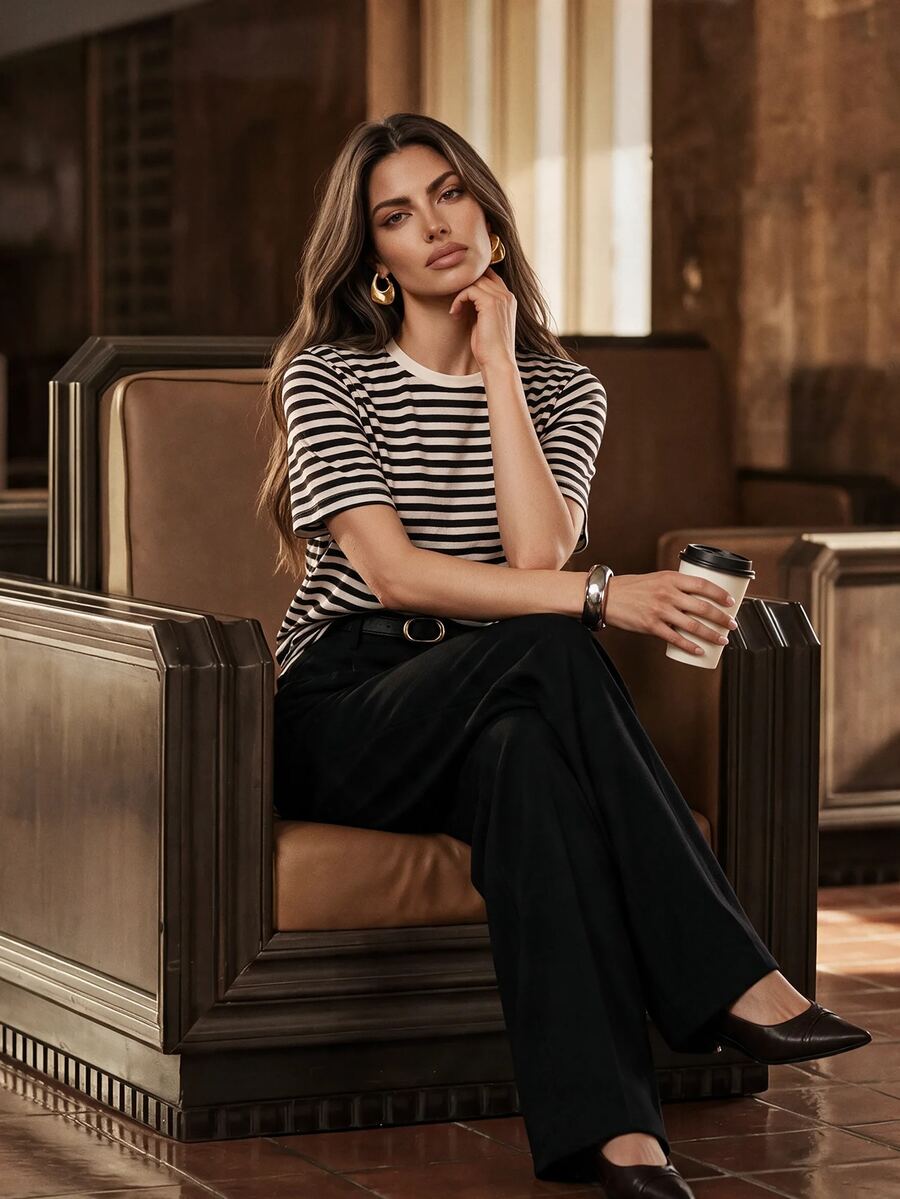 Anewsta New Black & White Contrast Striped Round Neck Pullover Commuter Versatile Youthful Short Sleeve T-Shirt Top - Black and White - View 1