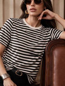 Anewsta New Black & White Contrast Striped Round Neck Pullover Commuter Versatile Youthful Short Sleeve T-Shirt Top - Black and White - View 2