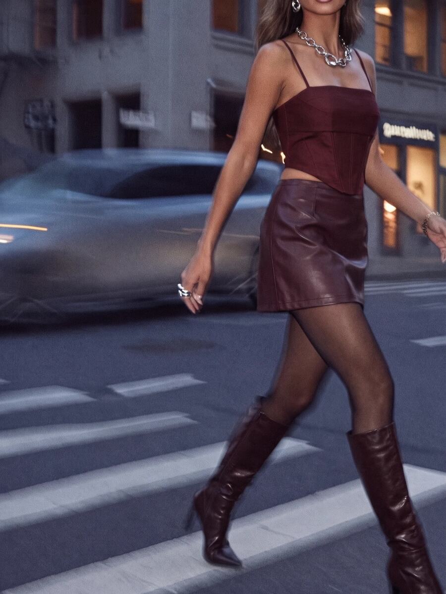 Anewsta Women's Vintage Modern Minimalist Versatile PU Bodycon Skirt - Burgundy - View 1
