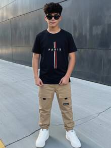SHEIN 兒童青少年男童休閒運動字母印花寬鬆短袖T恤與大口袋束口褲套裝，適合通勤、上學、日常休閒出遊、運動，春夏季適用 - 黑色 - 查看 4