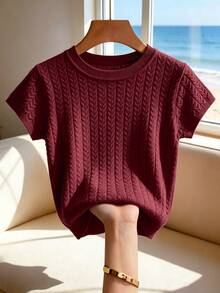 SHEIN 女款法式秋冬外出用粗針編織圓領短袖休閒優雅上衣，適合辦公室與早午餐，酒紅色，夏季 - 玫瑰紅 - 查看 7