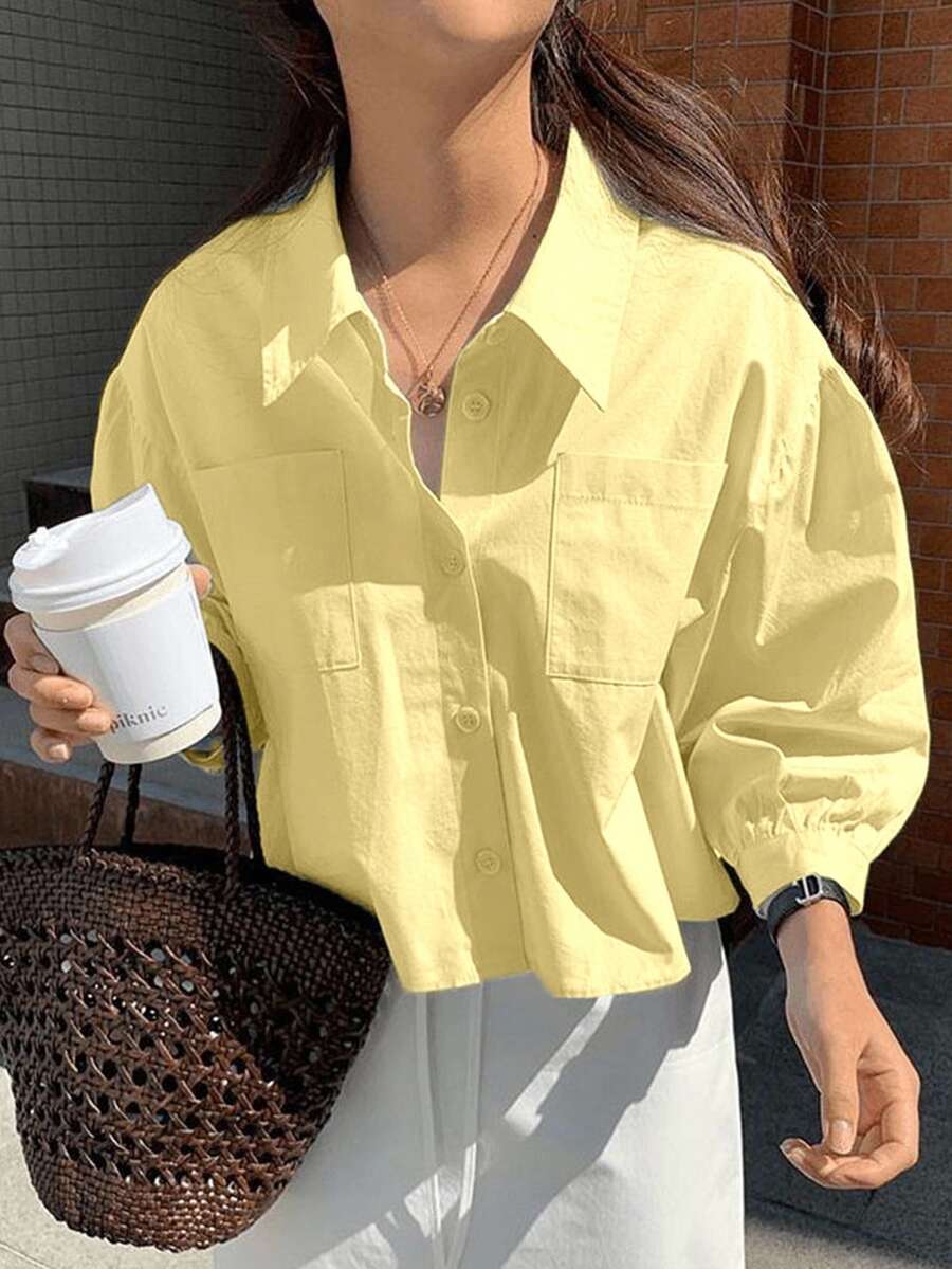 Jouncy Casual Loose Solid Color Cropped Long Sleeve Shirt - Pale Yellow - View 1