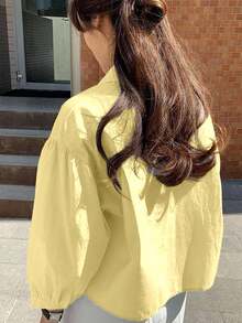 Jouncy Casual Loose Solid Color Cropped Long Sleeve Shirt - Pale Yellow - View 2