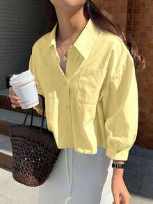 Jouncy Casual Loose Solid Color Cropped Long Sleeve Shirt - Pale Yellow - View 3