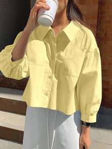 Jouncy Casual Loose Solid Color Cropped Long Sleeve Shirt - Pale Yellow - View 5