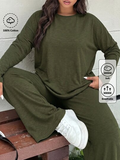 SHEIN BASICS Plus Size Women Solid Color Round Neck Long Sleeve T-Shirt Pants Traditional Elegant 2 Pieces Set Date Night Brunch Olive Green Autumn Cotton Fall
