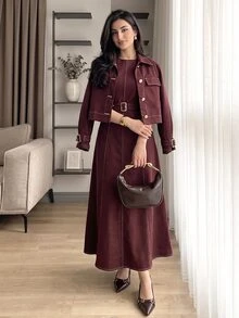 Solavon Women's Long Sleeve Single-Breasted Jacket And Dress Arabic Outfit Set - Red - View 2