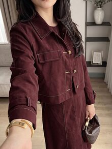 Solavon Women's Long Sleeve Single-Breasted Jacket And Dress Arabic Outfit Set - Red - View 4